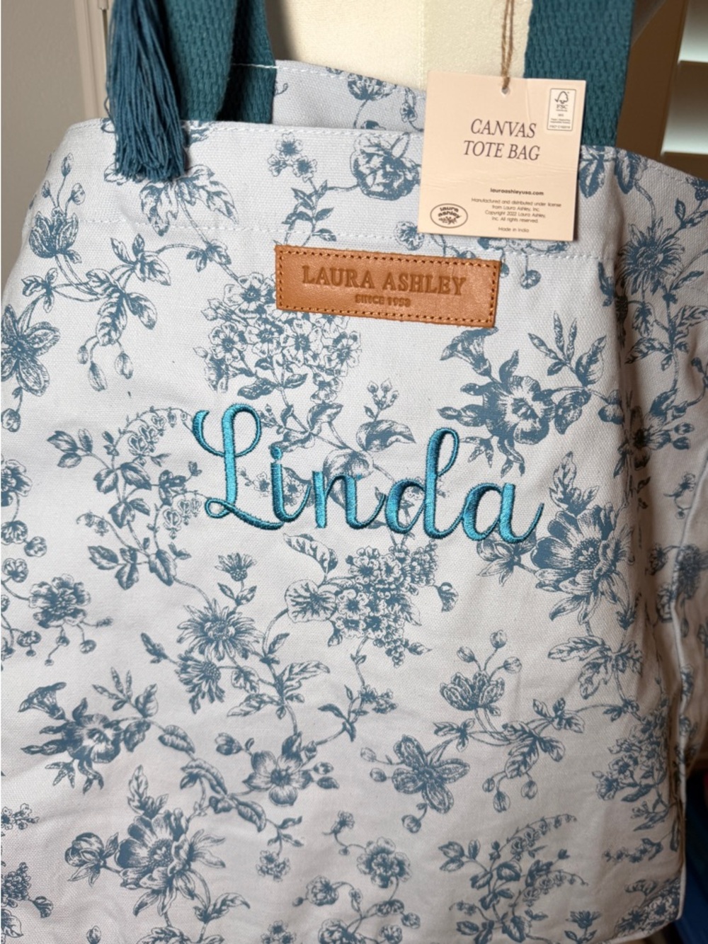 NWT personalized name with bow Laura Ashley Teal Floral Canvas Bag
